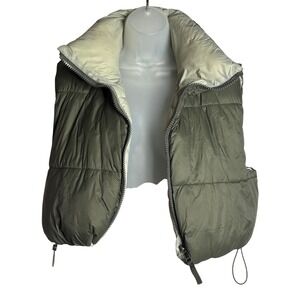 Zara | Reversible Puffer Vest Olive Green Grey Cropped Zip Up Funnel Neck | L/XL